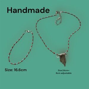 Silver and Red Beaded Necklace and Bracelet Set
